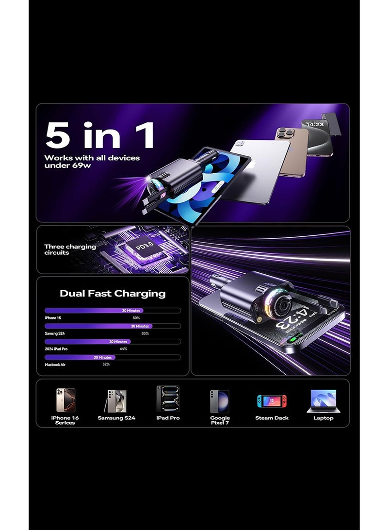 مستر سمارت شاحن سيارة 5 في 1 مع كابل قابل للسحب، شحن سريع مزدوج، موزع روائح عطرية، إضاءة LED ملونة، متوافق مع USB-C - Image 5